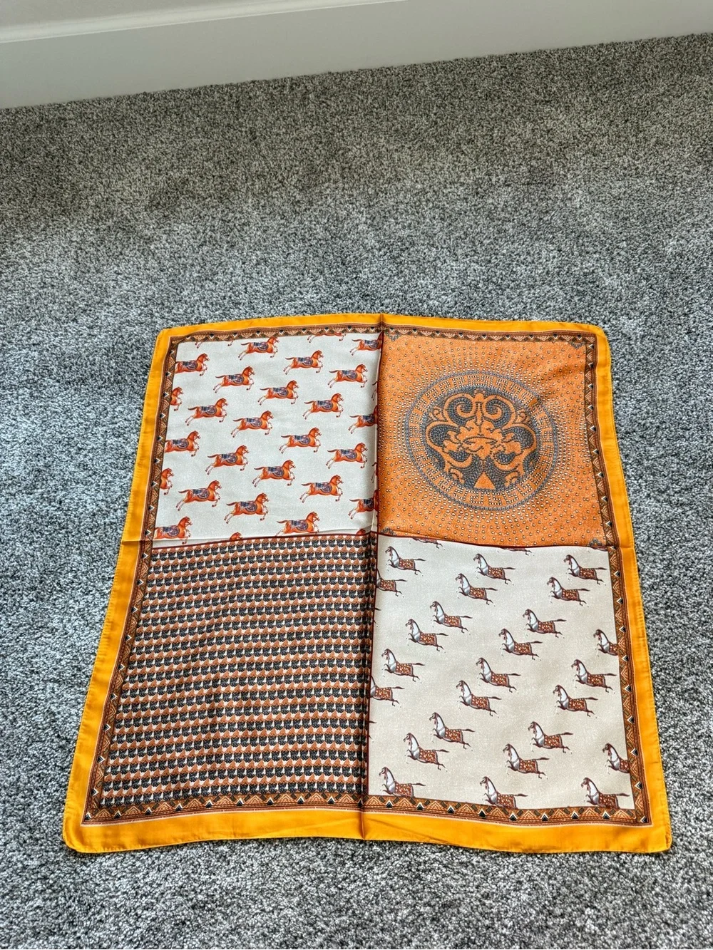 Silk-Feel Horse Print Bandana Scarf in Mustard Cream